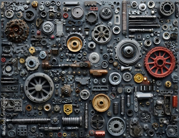 Fototapeta A detailed assortment of mechanical components and gears arranged artistically for industrial aesthetic.