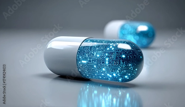 Fototapeta A futuristic capsule filled with glowing blue particles symbolizes advanced technology in medicine and health.