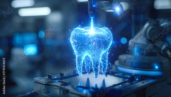 Fototapeta A futuristic dental rendering of a glowing tooth created by advanced technology in a lab setting.