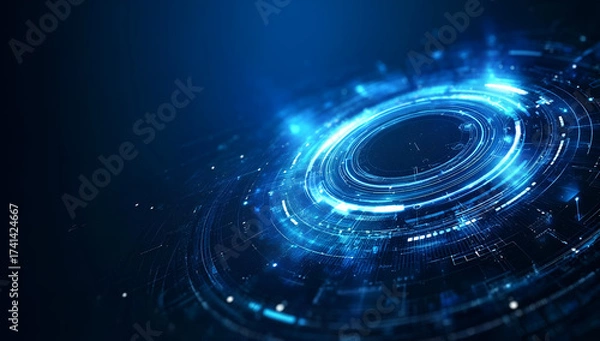 Fototapeta A futuristic digital design featuring glowing blue circular patterns and intricate details against a dark background.