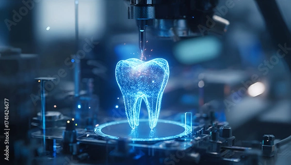 Fototapeta A futuristic image of a holographic tooth being created in a high-tech lab, reflecting advancements in dental technology.