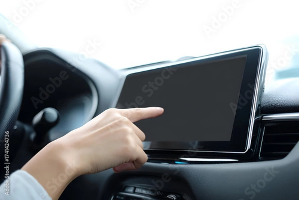 Fototapeta A hand interacting with a digital display in a modern car, showcasing technology and innovation in transportation.