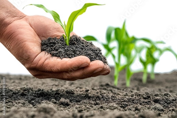 Fototapeta A hand holding soil with a small green sprout, signifying growth and nurturing in agriculture or gardening.