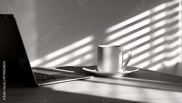 Fototapeta A minimalist workspace featuring a laptop and a coffee cup with dramatic shadows in black and white lighting.