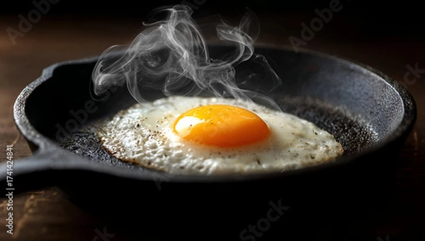 Fototapeta A perfectly fried egg sizzling in a cast iron skillet, exuding steam and flavor, ideal for breakfast lovers.