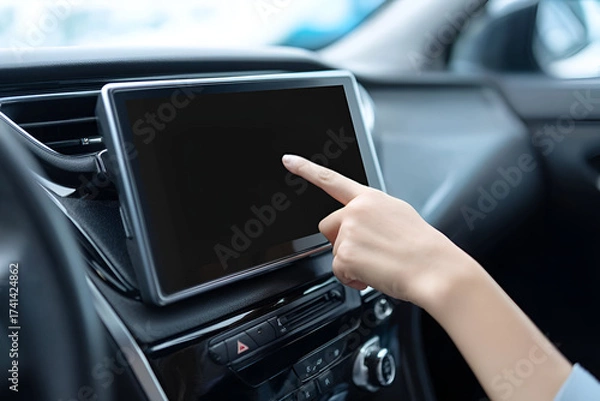 Fototapeta A person interacts with a modern touchscreen display in a car, illustrating the integration of technology in travel.