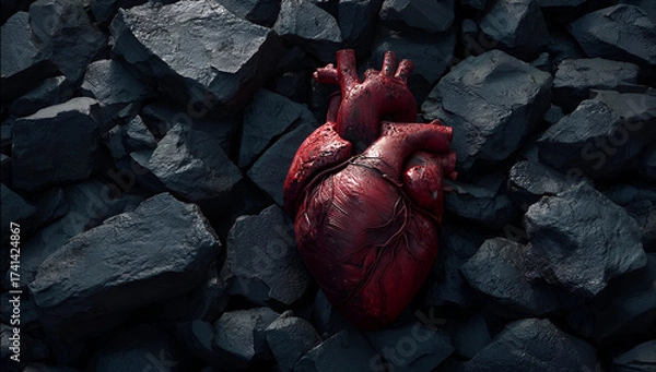 Fototapeta A realistic depiction of a heart resting on dark stones, symbolizing emotion, resilience, and the fragility of life.