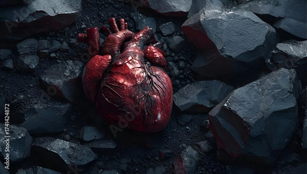 Fototapeta A realistic rendering of a human heart resting on a rocky surface, symbolizing life, emotion, and vulnerability.