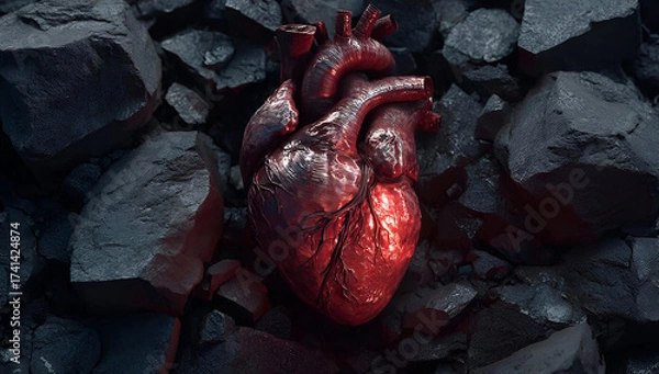 Fototapeta A realistic rendering of a human heart set against a backdrop of dark stones, symbolizing strength and emotion.