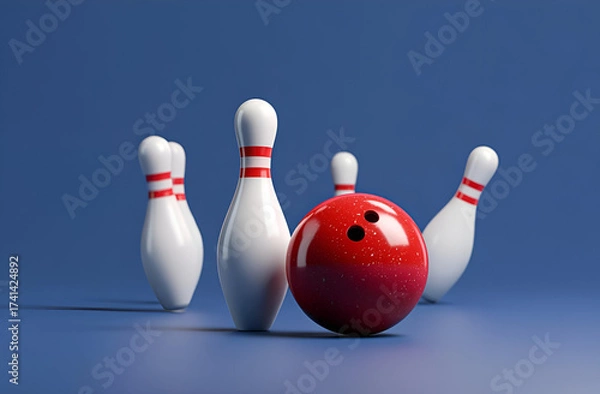 Fototapeta A red bowling ball ready to strike with pins standing in a vibrant blue background, perfect for sports enthusiasts.