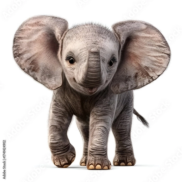 Fototapeta A playful baby elephant walking joyfully, showcasing its large ears and adorable features in a vibrant setting.