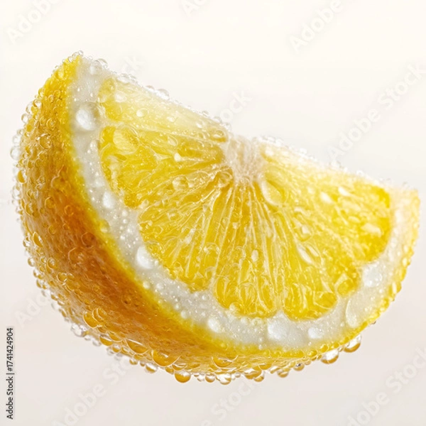 Fototapeta A refreshing slice of lemon, glistening with bubbles, perfect for adding zest to drinks or culinary dishes.