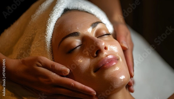 Fototapeta A serene moment captured during a facial massage, showcasing relaxation and rejuvenation at a spa.