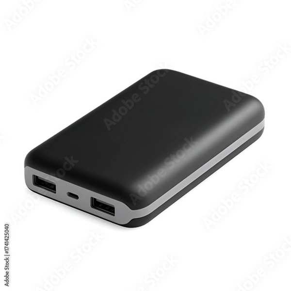 Fototapeta A sleek black power bank with multiple charging ports for convenient device charging on the go.