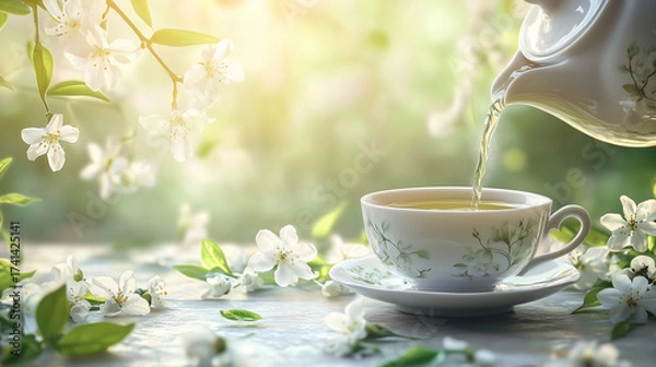 Fototapeta Jasmine green tea being poured into a cup surrounded by flowers  