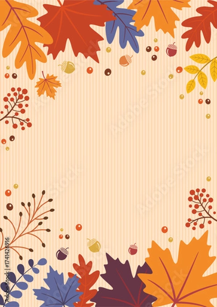 Fototapeta Autumn leaves frame border background vector illustration, vertical blank template, copy space for Thanksgiving Invitation, Menu card, Greeting Card, Social Media, Ads, Creatives