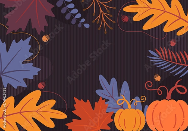 Fototapeta Fall leaves background vector, Autumn frame border,
thanksgiving day template with Simple flat pumpkins, 
leaves, acorns, berries, plants