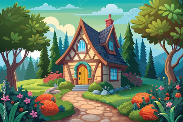 Fototapeta Whimsical Cottagecore Getaway A Charming House Amidst Lush Greenery, Tall Trees, and Vibrant Flowers Under a Bright Sky