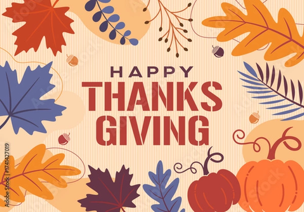 Fototapeta Happy Thanksgiving day simple modern card vector banner with Colorful fall leaves frame border background, pumpkins, leaves, acorns, berries, autumn plants