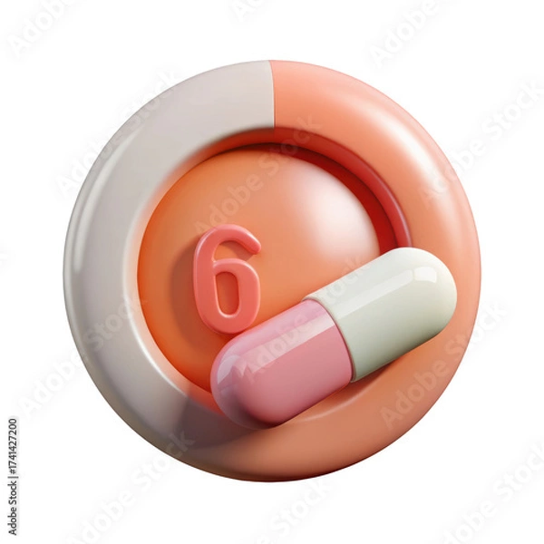 Fototapeta Medical pill number six icon healthcare treatment and medication 3d isolated on transparent background