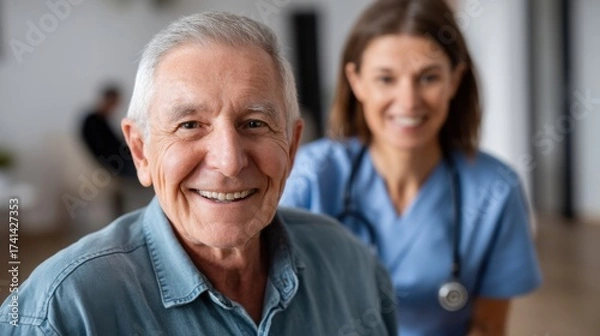 Fototapeta Disabled senior man receiving support from a caregiver, with a focus on medical implants and aging care. 