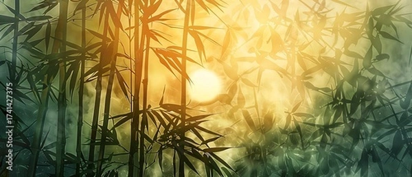 Obraz Serene Bamboo Forest Silhouette with Golden Light Shimmering through the Leaves