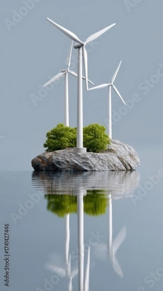 Fototapeta Environmental sustainability concept with modern windmills rotating over calm offshore waters. 