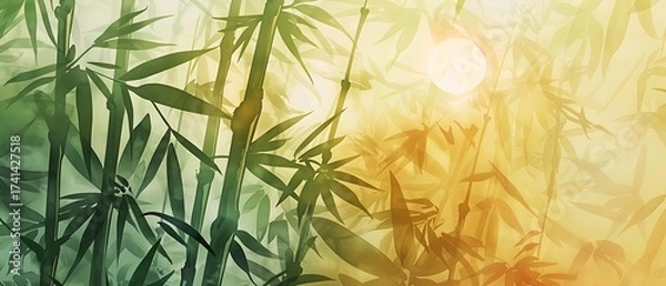Fototapeta Misty Bamboo Forest: Serene Asian Inspired Illustration with Subtle Sunlight