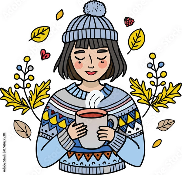 Fototapeta Cozy Autumn Scene Smiling Woman with Warm Drink Surrounded by Fall Foliage and Wearing a Beanie