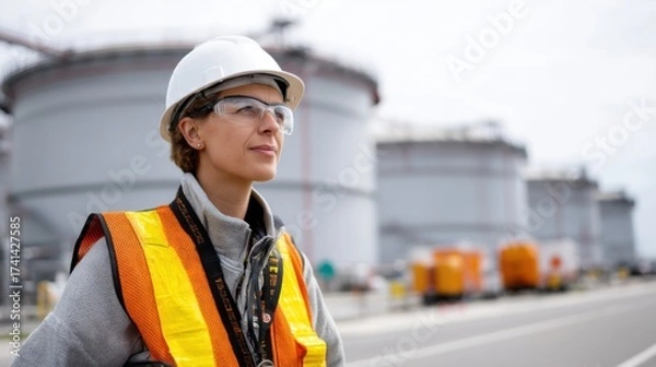 Obraz Female engineer in safety gear supervising operations at an oil and gas refinery with massive storage tanks. 