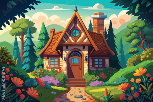 Fototapeta Charming Cottagecore Retreat A Quaint House Surrounded by Lush Greenery and Vibrant Flowers in a Whimsical Fantasy Setting