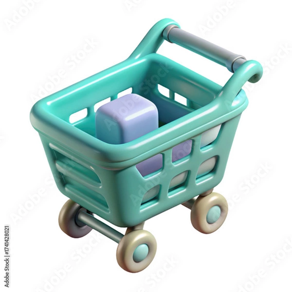 Fototapeta Turquoise shopping cart with single item concept for online retail and e commerce 3d isolated on transparent background