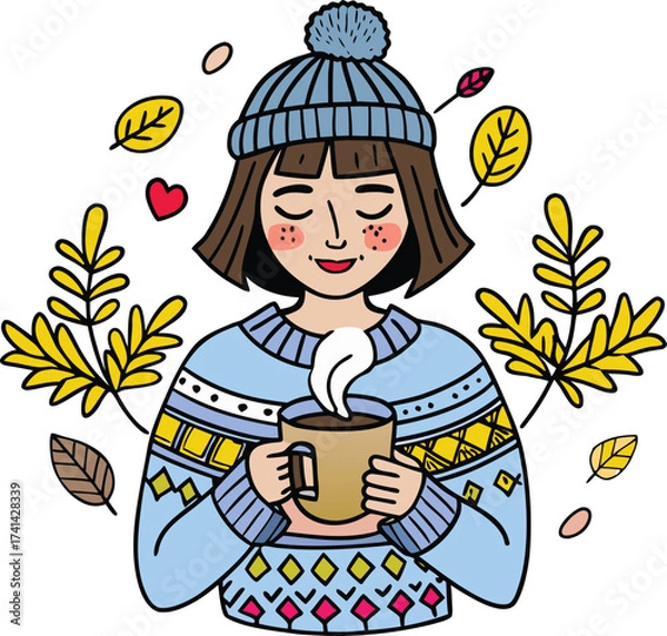 Fototapeta Cozy Autumn Day a Girl Enjoying Warm Drink in a Colorful Sweater with Falling Leaves