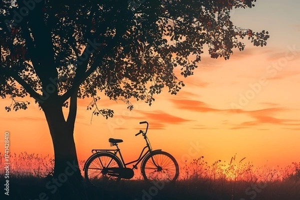 Fototapeta Solitary bicycle silhouette parked beneath a tree basks in the sunset serenity