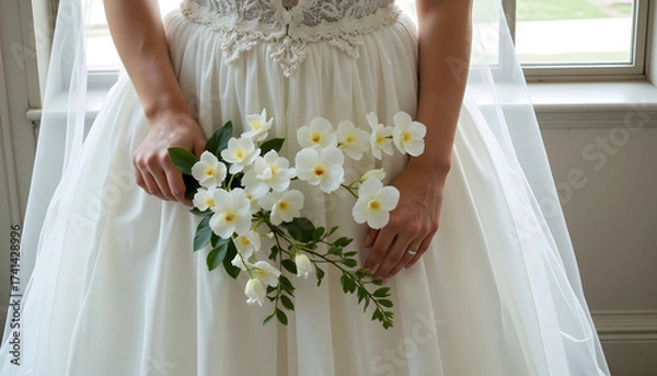 Fototapeta Bride holding cascading bouquet of white orchids and eucalyptus  