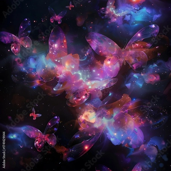Fototapeta Cosmic metamorphosis: ethereal butterflies amidst a nebular expanse, celestial transformation