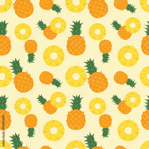 Obraz Seamless pattern of whole pineapple with green leaves and yellow pineapple slices. Adorable light yellow background for children's clothing,textiles,product packaging,food and beverage web advertising