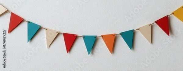 Fototapeta The bunting garland of colorful triangular paper flags hanging on a white wall