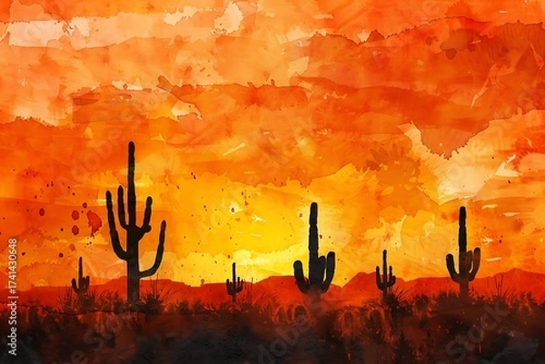 Fototapeta Watercolor illustration showcasing a desert landscape at dusk with silhouetted cacti