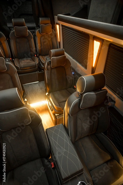 Fototapeta Comfortable interior of a passenger bus with soft seats