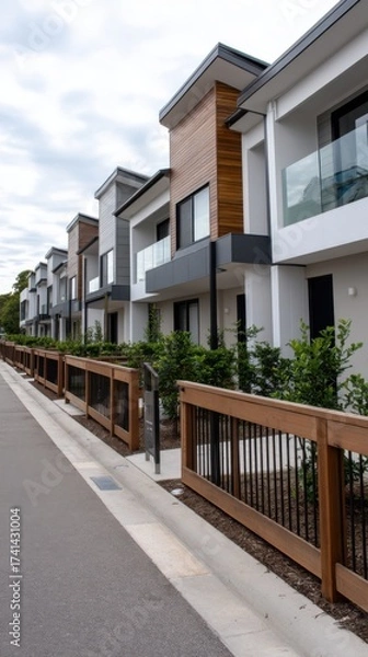 Fototapeta Suburban housing construction with temporary fencing, unfinished greenery, and modern design elements