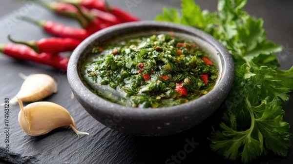Fototapeta Vibrant chimichurri sauce with herbs and chili, close-up shot on a rustic dark surface. 