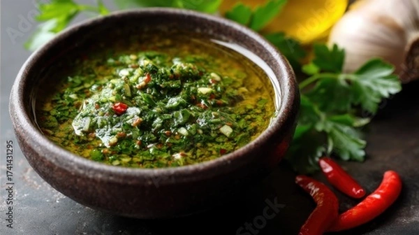 Fototapeta Vibrant chimichurri sauce with herbs and chili, close-up shot on a rustic dark surface. 