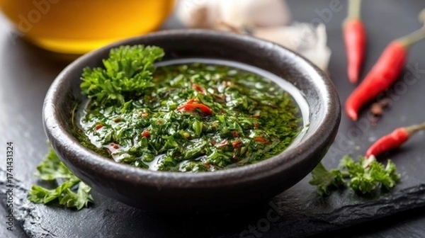Fototapeta Vibrant chimichurri sauce with herbs and chili, close-up shot on a rustic dark surface.