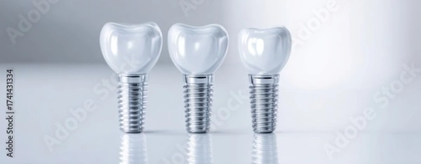 Fototapeta The Dental Implants Trio on Reflective Surface in Minimal Clinical Setting Close-Up