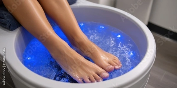 Fototapeta Woman relaxing with feet submerged in an ionic foot bath at a wellness spa, promoting toxin removal. 
