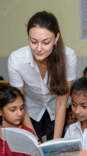 Fototapeta Woman teacher guiding children in a knowledge-building activity, reading a story to enhance learning. 
