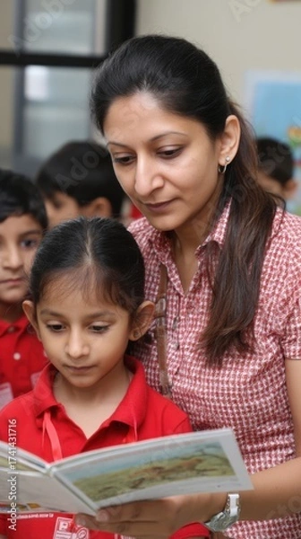 Fototapeta Woman teacher guiding children in a knowledge-building activity, reading a story to enhance learning. 