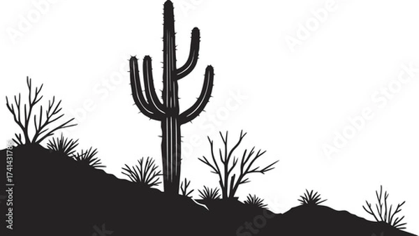 Fototapeta Desert Cactus Silhouette: A stark black and white image captures the raw beauty of the desert, featuring a towering saguaro cactus silhouetted against the vast desert sky.