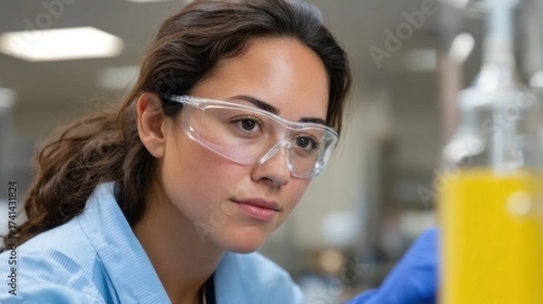 Fototapeta Young Hispanic scientist in safety goggles working near a bioreactor in a clean laboratory setting. 